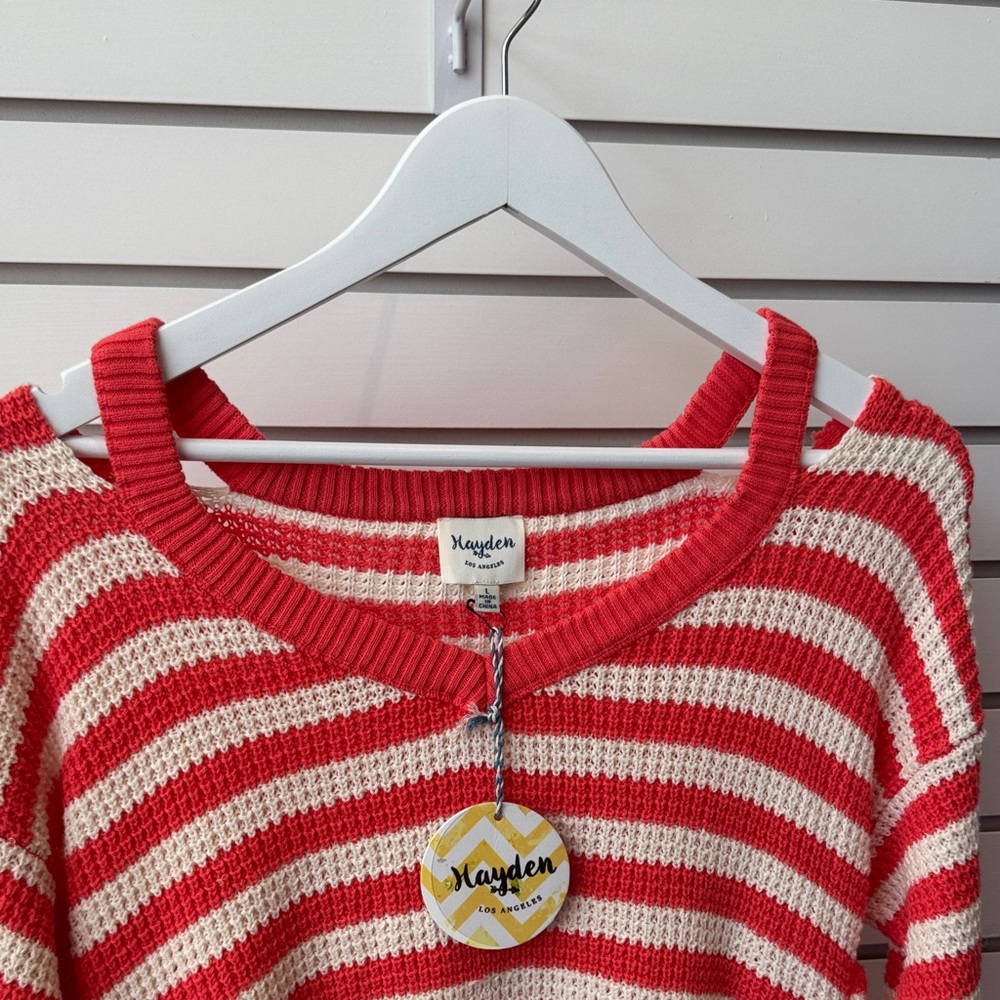 Hayden Women's Striped Crew Neck Sweater - Coral and Cream - Picture 2 of 3